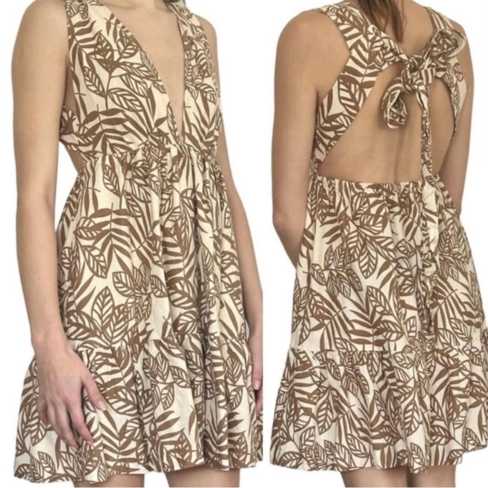 House of Harlow 1960 Tie Back Linen Tiered Ruffle V neck Mini Dress Size S